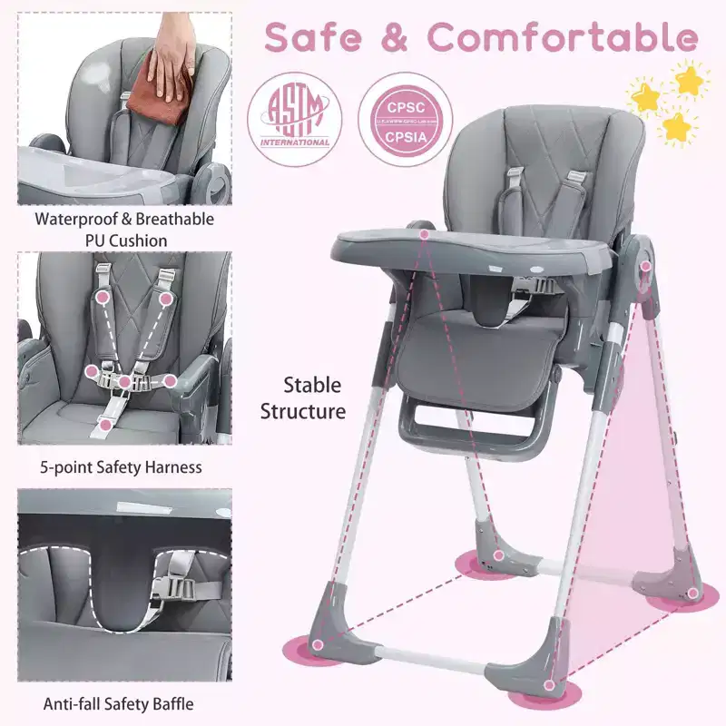 Foldable Baby High Chair �C 7 Heights, 4 Recline Positions, Removable Tray, Lilac