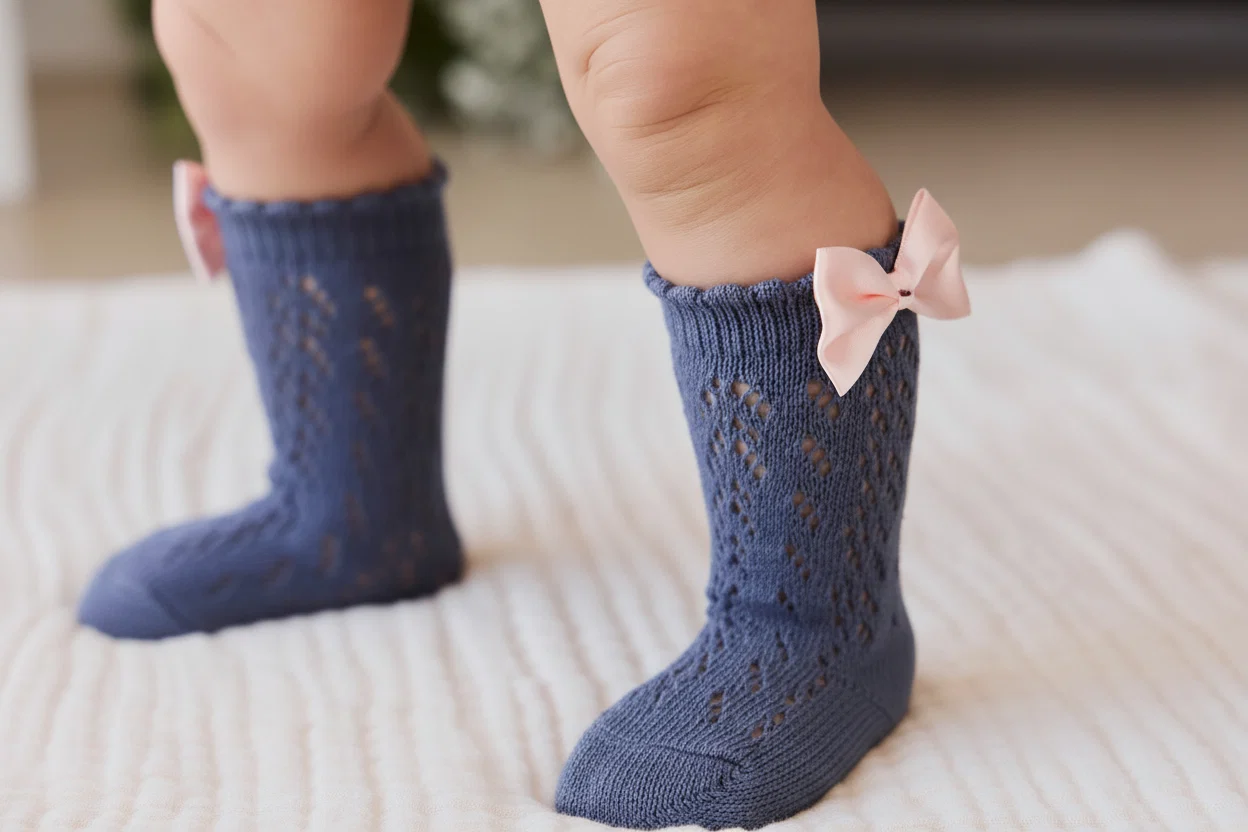 Cotton-Polyester Textured Socks with Scalloped Cuff & Bow Detail for Girls NB&ndash;10Y