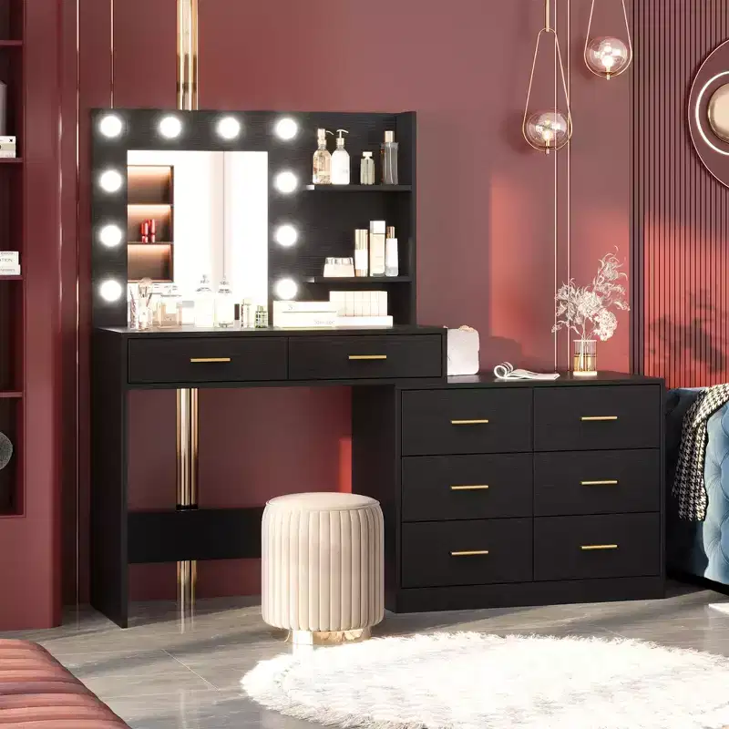 Modern Vanity Desk with Mirror - 8 Large Storage Drawers, 2-Tier Shelves, Makeup Organizer for Bedroom, Elegant Dressing Table for Home Decor