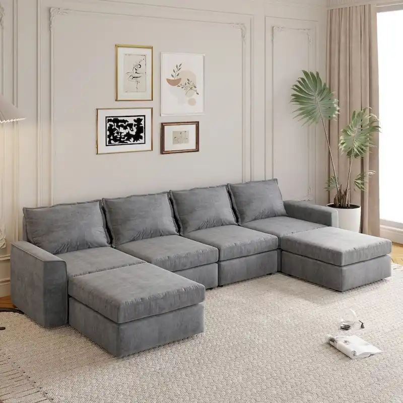 Grey Reversible U-Shaped Sectional Sofa with Ottoman