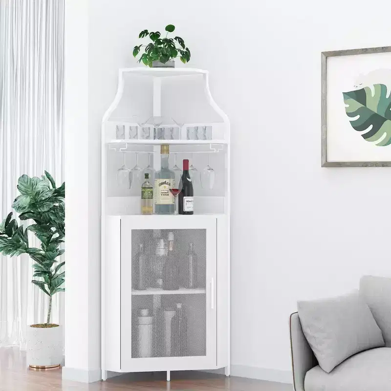 29 White Corner Wine Cabinet for Small Spaces, Holds 50+ Bottles & Glassware, MDF Storage Cabinet with Bar Top for Liquor, Cocktail Accessories