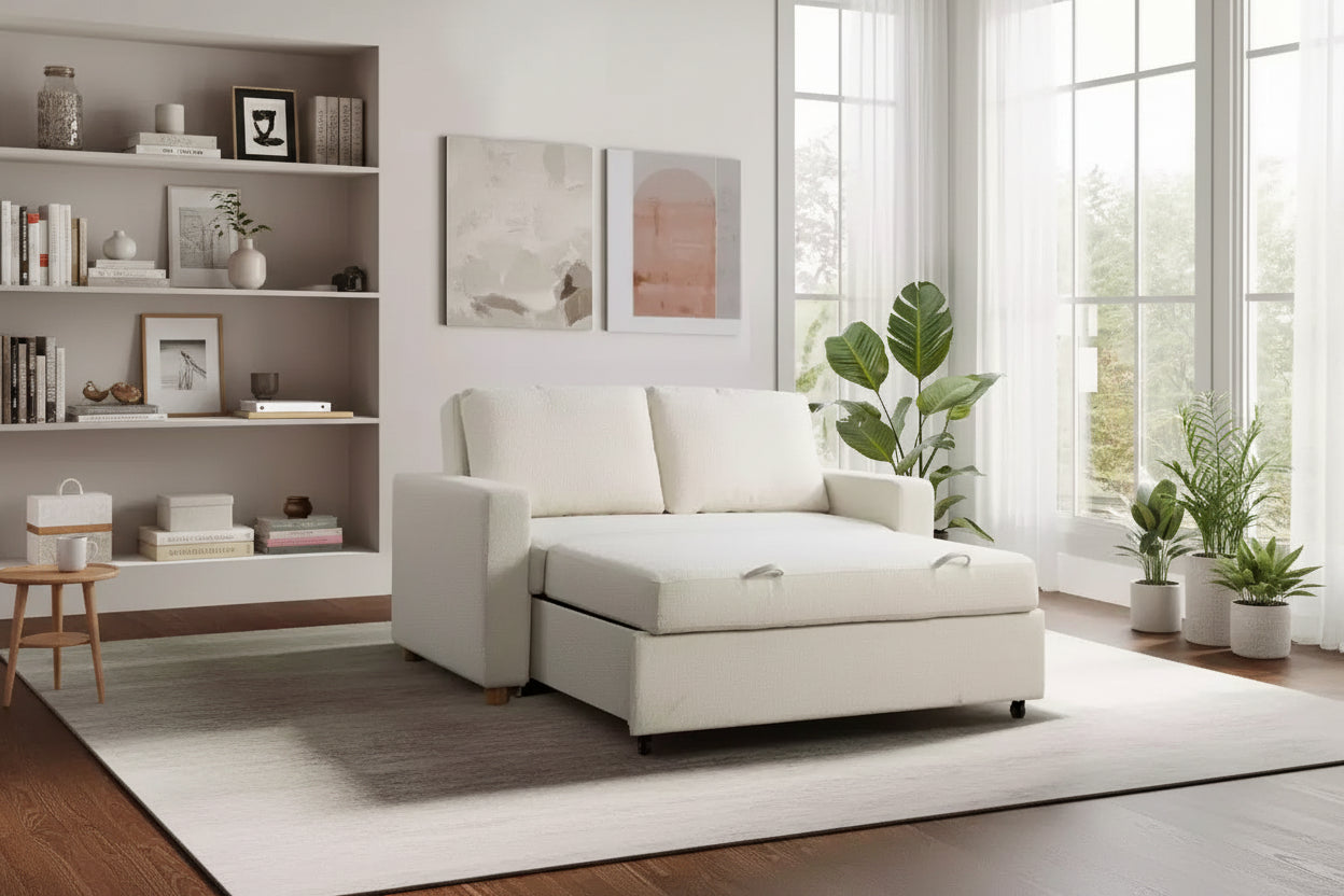 Convertible Sofa �C Ivory Boucle, Lounger & Full Bed, Pocket Coils