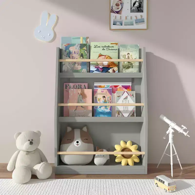 Gray 3-Tier Kids Bookshelf, Floor Standing Book Rack for 1&ndash;2 Users