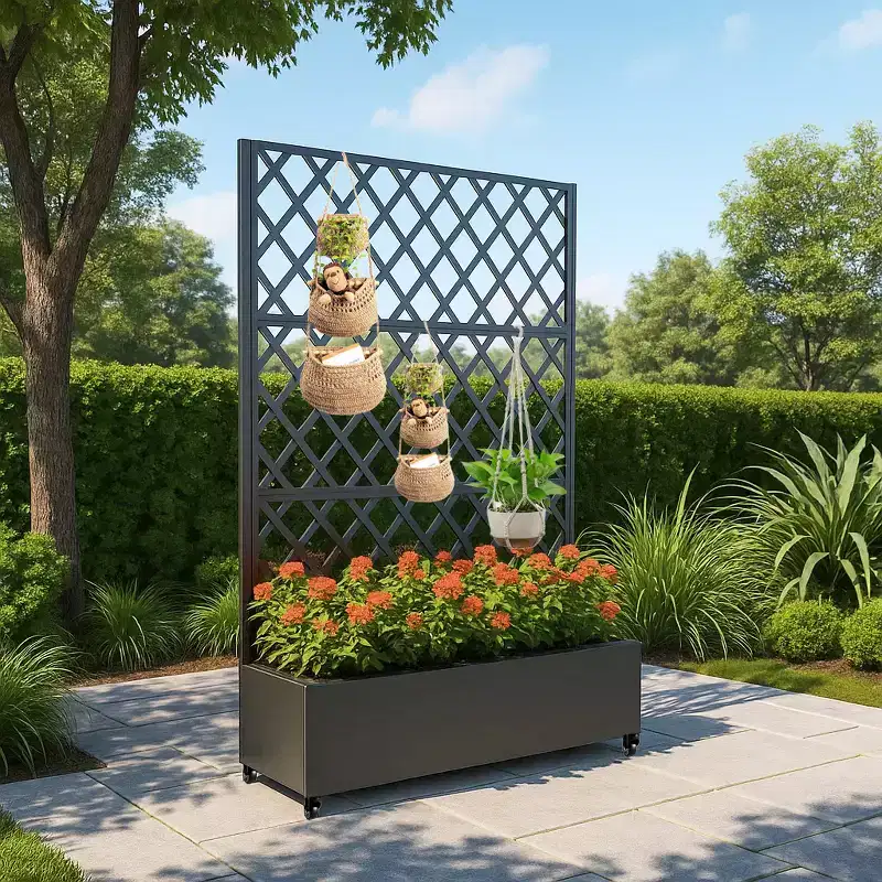 Privacy Screen with Planter Box, 72 H x 47 W Outdoor Privacy Screens, Rolling Privacy Raised Garden Bed with Trellis for Climbing Vines