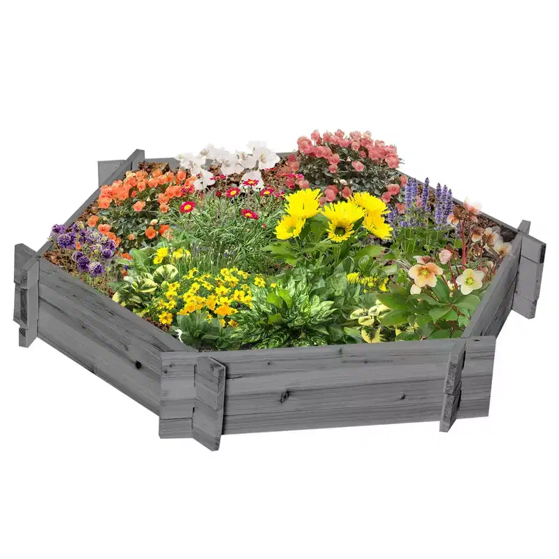Outsunny 39 x 36 x 6 Gray Hexagon Wooden Raised Garden Bed for Vegetables, Herbs & Flowers for Patio Balcony Porch Entryway Shelf Display