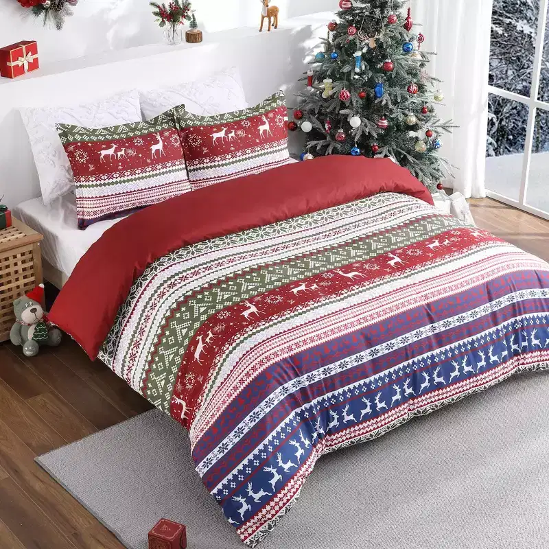 Duvet Cover Set, Christmas Pattern Comforter Cover with 2 Pillow Shams, Soft Washable Microfiber Bedding Set for Xmas Bedroom Decor