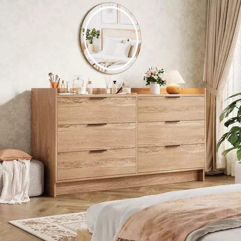 6 Drawer Dresser for Bedroom, 52W Wooden Chest of Drawers with Metal Handles, Clothes Storage Organizer, Dresser TV Stand for Hallway, Bedroom