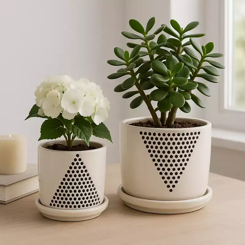 Planters and Flower Pots for Home Decor - Ceramic Plant Pots with Triangle Dot Design and Saucers for Indoor and Outdoor Use - Set of 2 - 7, 5 White