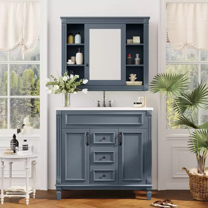 CASAINC 36'' Bathroom Vanity with Top Sink, Mirror Cabinet, 2 Soft Closing Doors & 2 Drawers