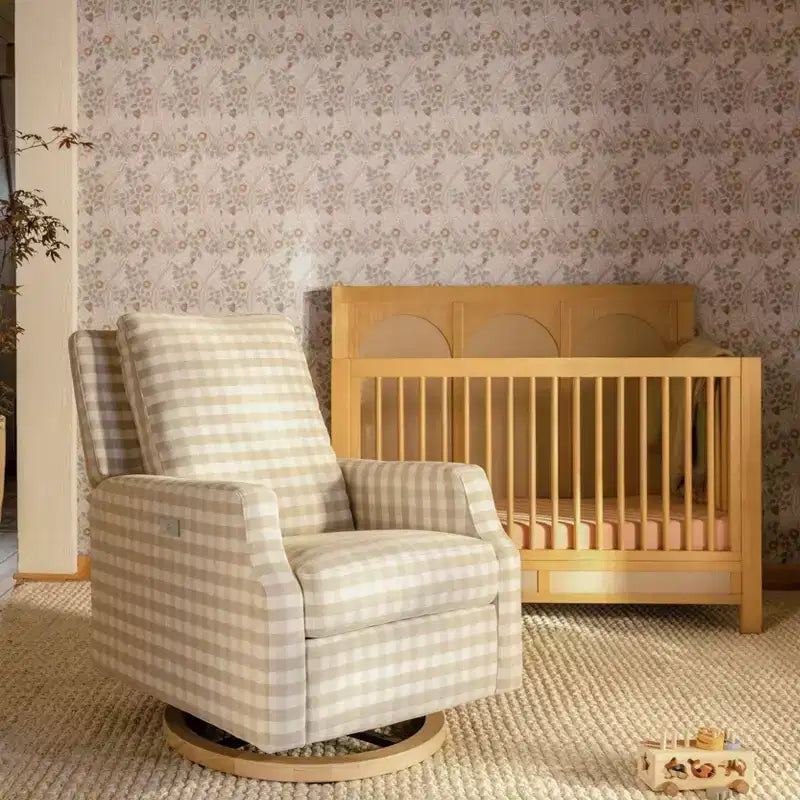 Electronic Recliner and Swivel Glider - Tan Gingham with Light Wood Base