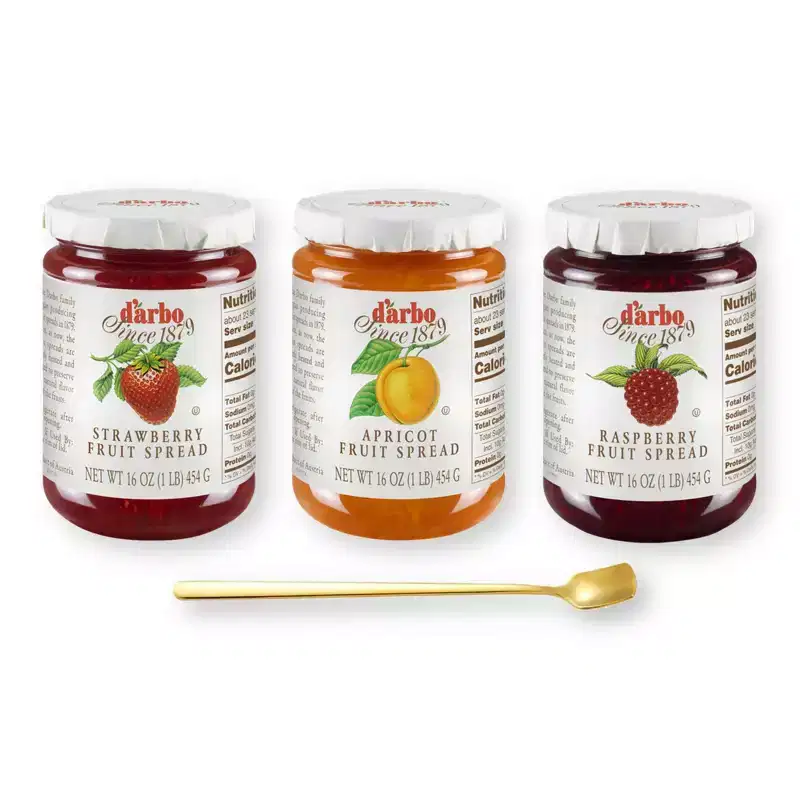 D'Arbo Trio Set All Natural Fruit Spreads - Apricot, Raspberry, and Strawberry - with Gold Stainless Steel Spreader Spoon (4-Pc Set)