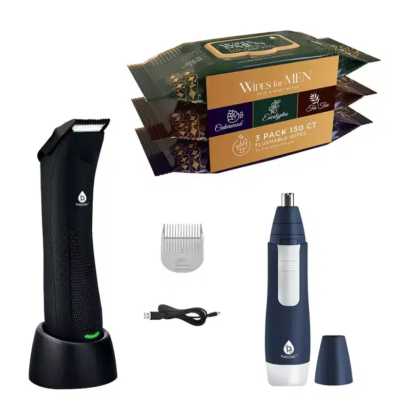 Pursonic  Mario Lopez Wireless Body Hair Trimmer & Shaver + Nose and Ear Hair Trimmer + Mens Assorted Face and Body Wipes