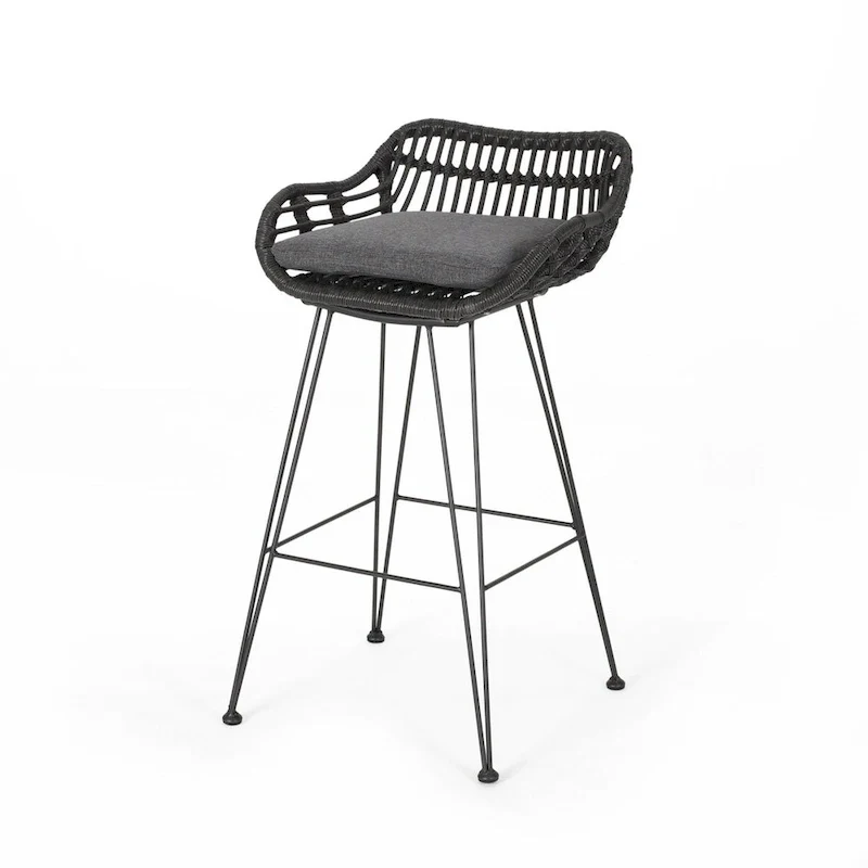 30" Outdoor Bar Stools Set of 2, Grey/Natural/Brown, Industrial Farmhouse Style, Acacia Wood & Iron