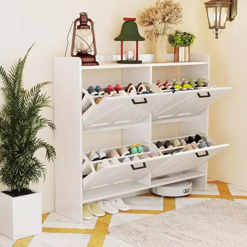 White Shoe Cabinet with 4 Flip Drawers and Adjustable Shelf