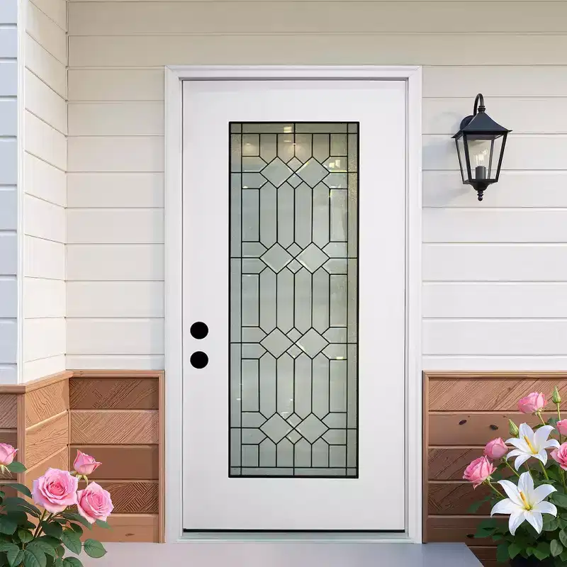 Durable 36 in. x 80 in. Full Lite Decorative Glass Right Hand Inswing Fiberglass Front/Exterior Door- Finished White