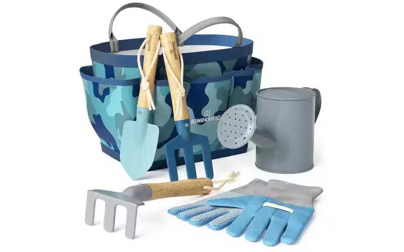 Kinderific Kids Gardening Tool Set STEM Learning Kit with Tote Bag, Spade, Watering Can, Rake, Fork, Trowel & Gloves