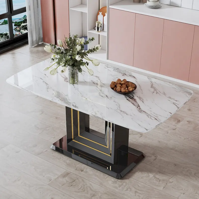 Marble Top Dining Table with Black Gold Accent Pedestal Base