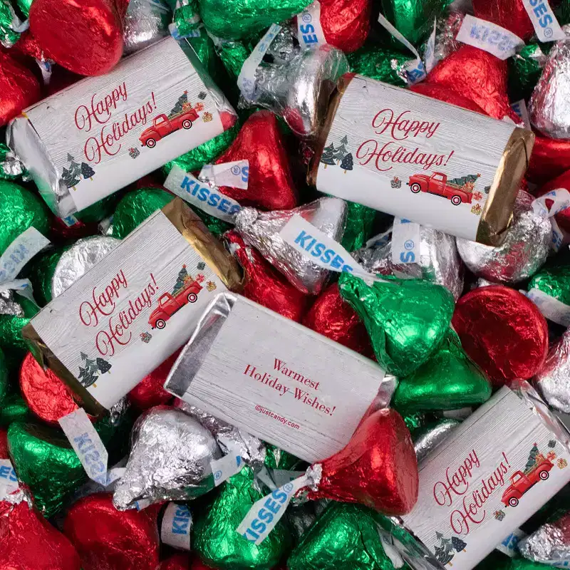 124 Pcs Christmas Candy Chocolate Party Favors Hershey's Miniatures & Red, Green & Silver Kisses (1.5 lbs, Approx. 124 Pcs) - Vintage Red Truck