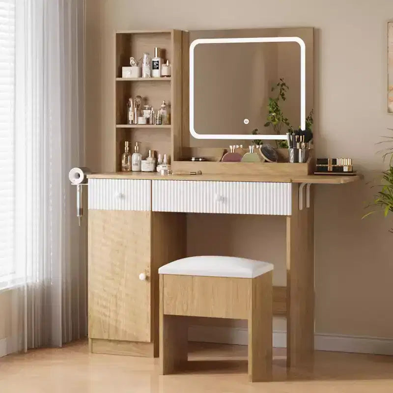 Vanity Table with LED Lights & Charging Station  Makeup Table with Mirror, Drawers, Storage Stool & Power Outlets