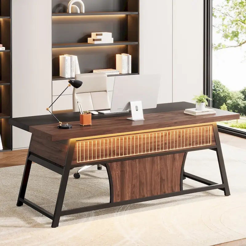 63-Inch Executive Office Desk &ndash; Walnut & Black, LED Light, Storage Shelf, Industrial Style