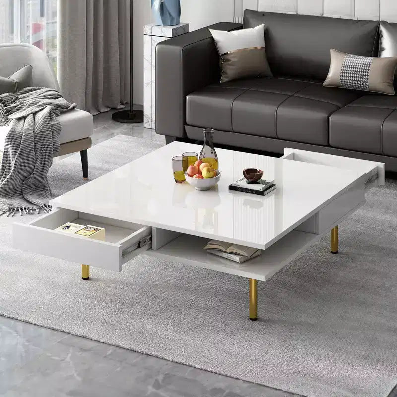 Square Coffee Table for Living Room, High Gloss Modern Center Table, White