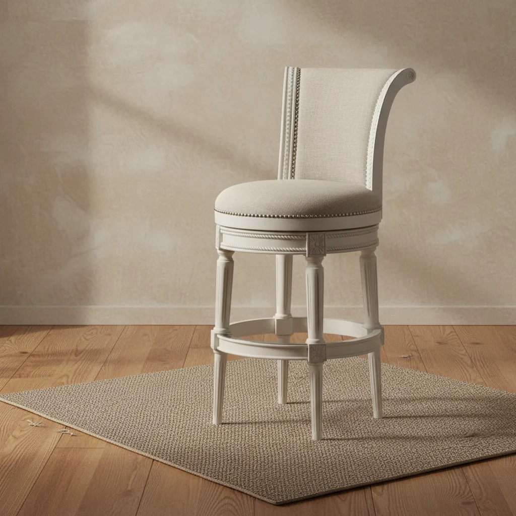 Wood Swivel Bar Stool White 30.5" High Traditional Scroll Cream Cushion with Backrest Footrest for Kitchen Counter Height