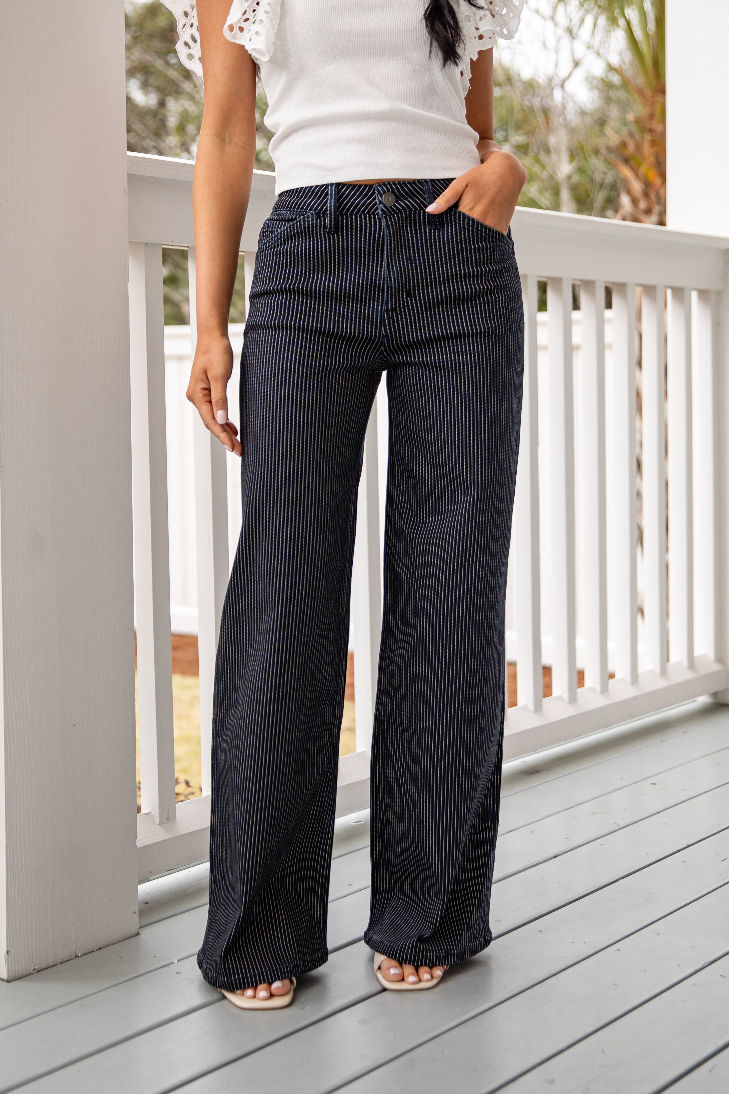 Dark Wash Pinstripe High Waist Wide Leg Jeans