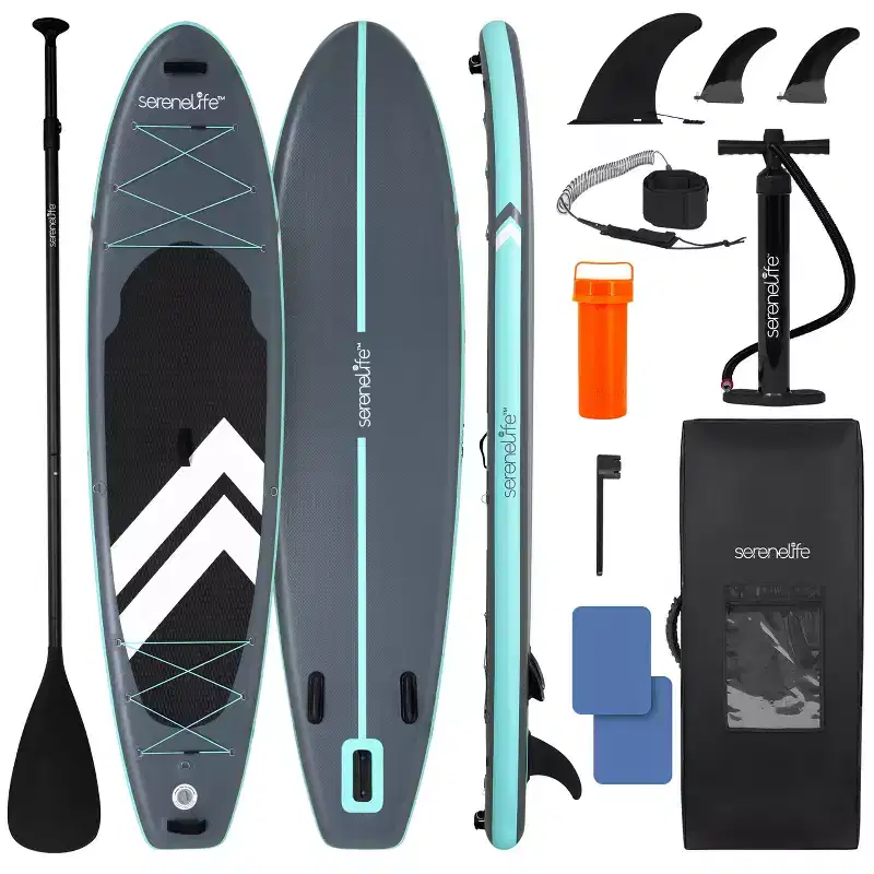 SereneLife Inflatable Stand-Up Paddleboard for Water Sports with Double-Action Hand Pump, Durable Design, Lightweight, Easy to Transport