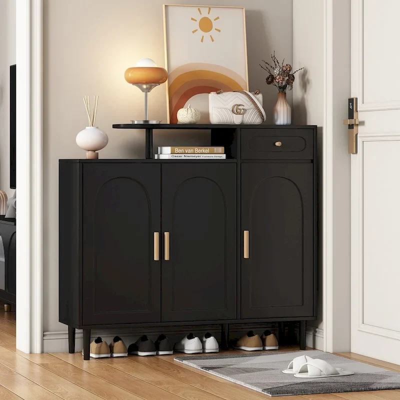 Shoe Cabinet with Arched Doors and Drawer &ndash; Adjustable Shelves & Storage Sideboard