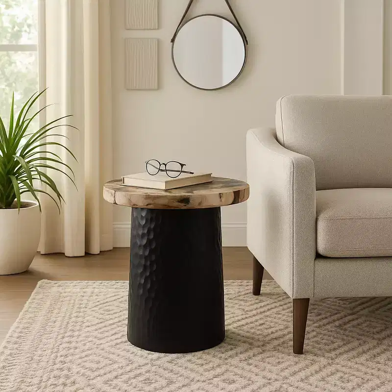 Rustic End Table, Side Table, or Night Stand for Home Decor - Metal Bedside Table with Hammered Cylinder Base and Wood Top - 18 Brown & Black