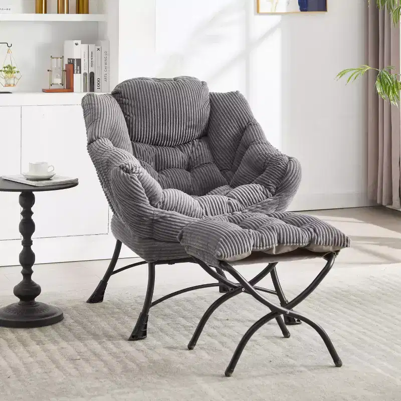 Lazy Chair, Modern Lounge Accent Chair with Ottoman, Armrests, Side Pocket, Flannelette Upholstered Leisure Chair for Living Room, Small Space