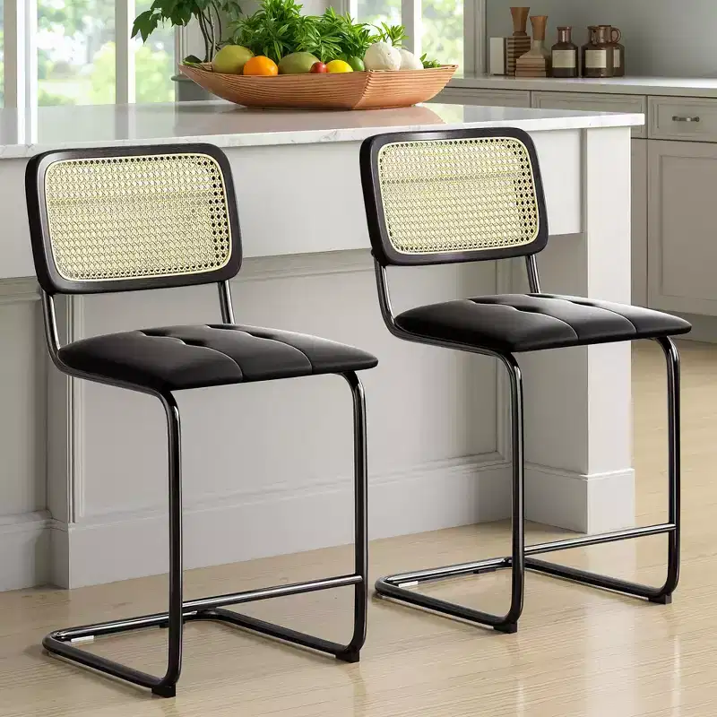 24" Counter Height Bar Stools Set of 2, PU Leather & Rattan Back