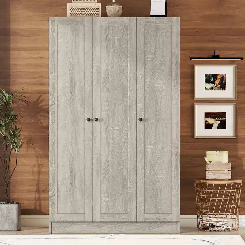 Whisen Wood 3-Door Shutter Wardrobe Armoire with 2 Hanging Rails and Storage Shelves