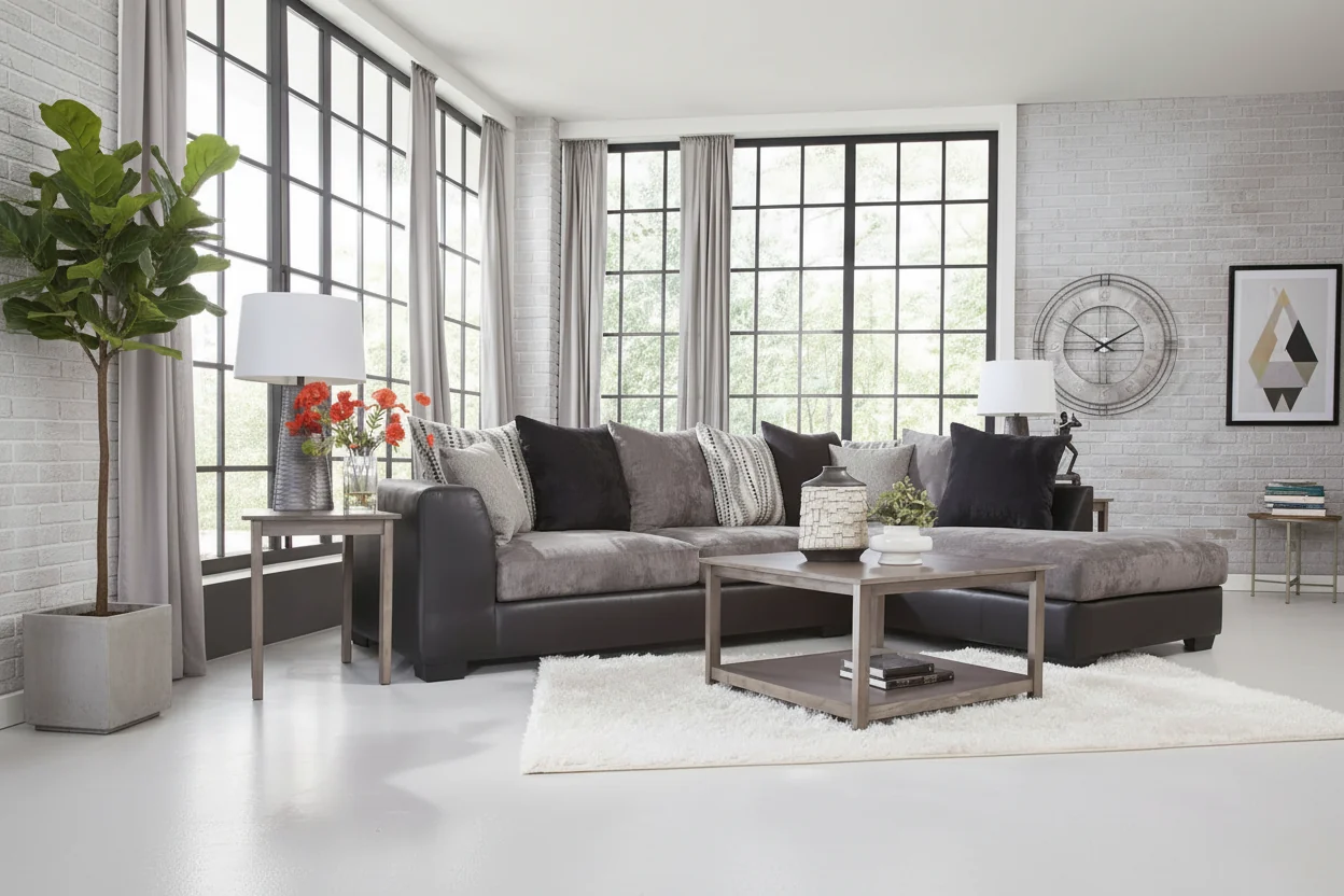 L-Shaped Sectional Sofa with Chaise, Charcoal and Black
