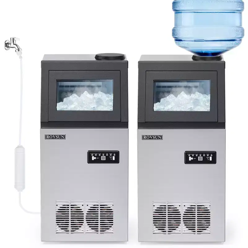 ROVSUN Commercial Ice Maker Machine with 2 Water Inlets, Freestanding Ice Machine with 24lbs Storage Bin, Ice Scoop & Water Filter