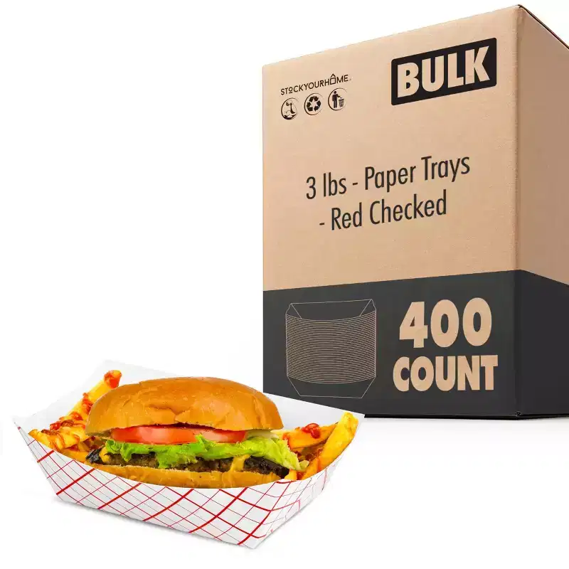 3 lb Paper Food Trays 400 Pack Red and White Checkered Disposable Food Boats Eco Friendly for Concessions Nachos Snacks Condiments 5.75 x 3