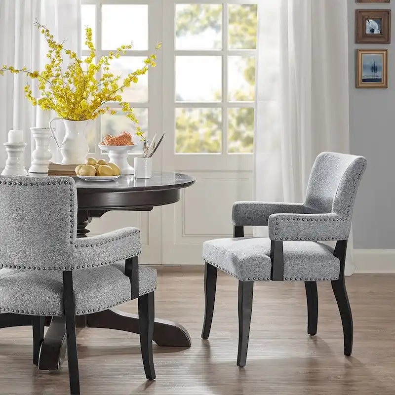 Modern Transitional Arm Dining Chair, Nailhead Trim, Brown / Blue / Grey, 1-Seat