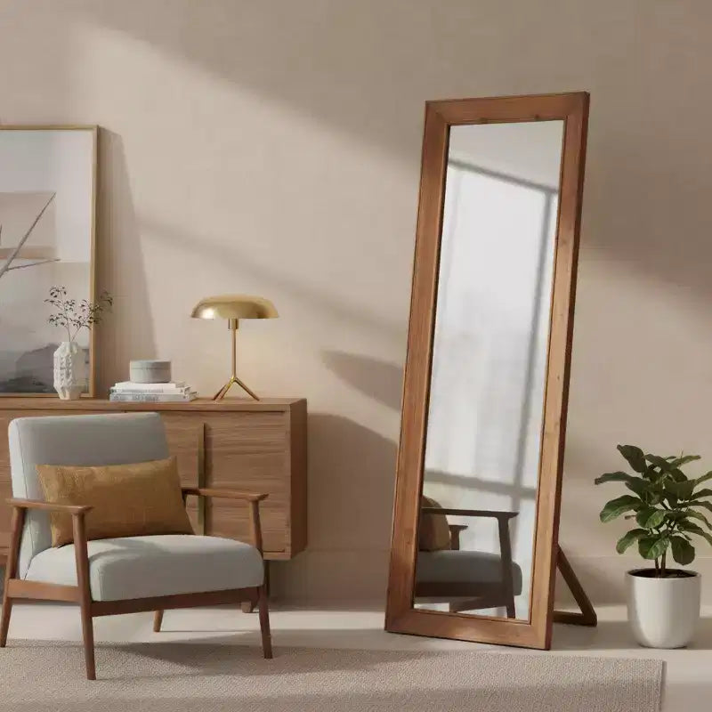 65" Brown Solid Wood Framed Full Length Mirror With Stand