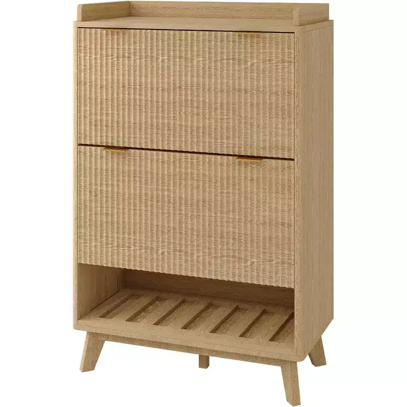 48 Tall Narrow Fluted Shoe Cabinet, Entryway Storage Organizer Shoe Organizer with Bottom Open Shelf, 2 Flip Drawers, Adjustable Shelves