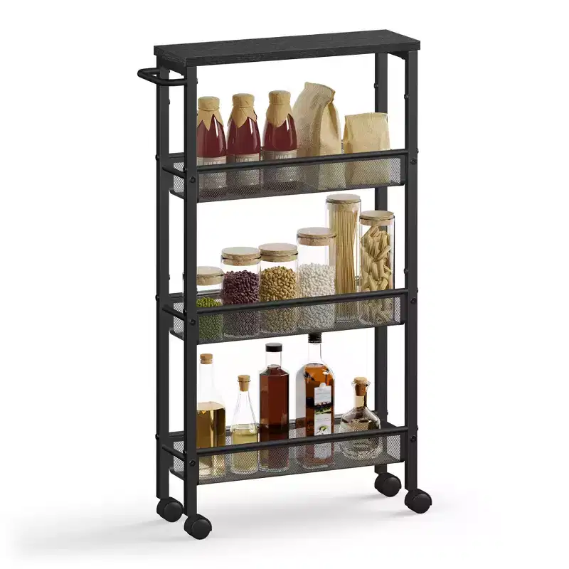 4-Tier Slim Rolling Storage Cart with Handle - 5.1 Deep, Steel Frame