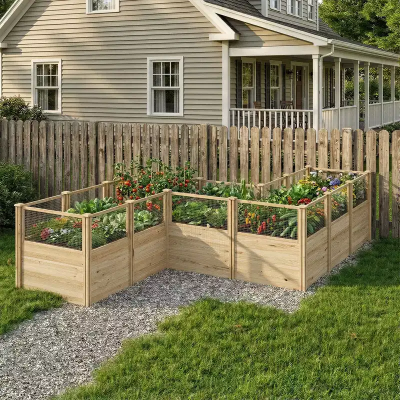 Famapy Outdoor Garden Bed,100% Cedar Wood,Modular Freestanding Planter,Metal Mesh Fence,Unpainted for Plant Safety,Ideal for Vegetables & Flowers
