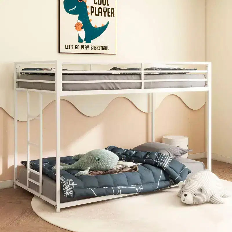 76.69 Twin-Over-Twin Metal Bunk Bed with Ladder & Guardrails, Low Profile Kids Bed Frame, White