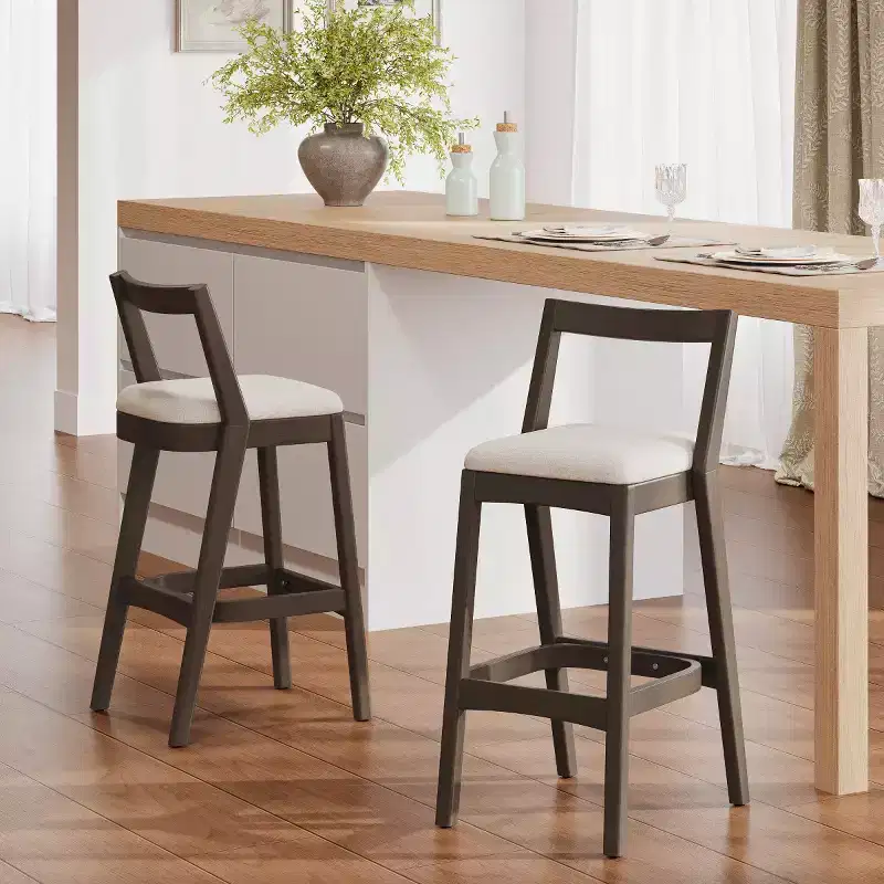 Set of 2 Modern Wooden Bar Stools with Curved Back &ndash; Beige Upholstered Seat, 30" Seat Height