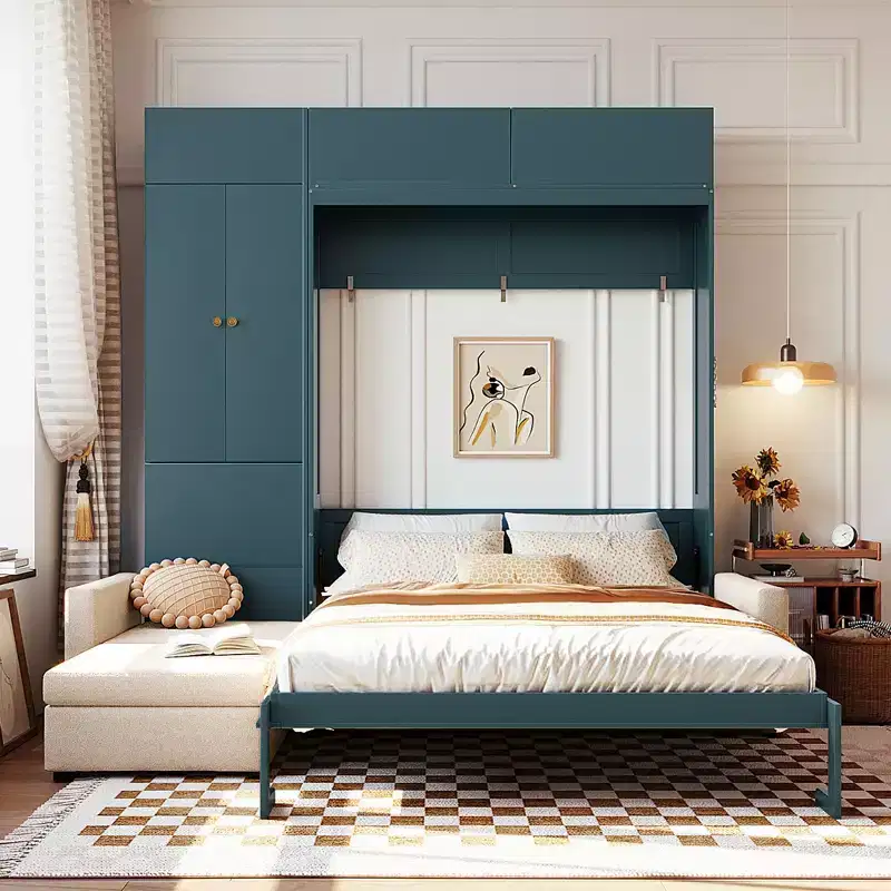 Queen Size Murphy Bed with Sofa and Cabinet, Wooden Queen Cabinet Bed Wall Bed with Shelves, Folding Wall Chest Bed for Guest Room Office