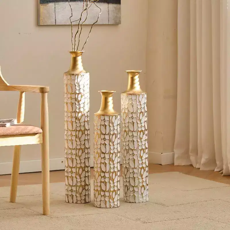 Floor vase, gold vase decorative tall vase set of 3 Vintage large vase representing branches, dried flowers, antique distressed vase Antique White
