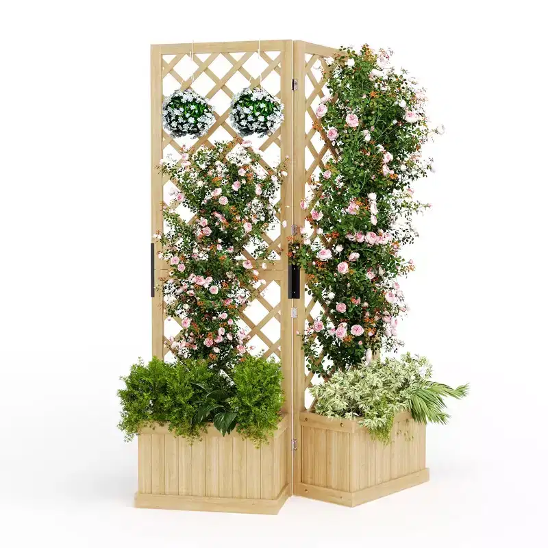 Tall wooden planter boxes with lattice panels, outdoor slanted lattice raised beds, wooden privacy screen garden beds suitable for climbing plants