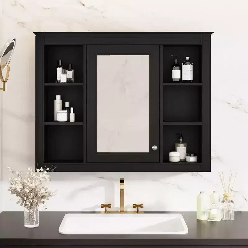FAMYYT 35 in. W x 27.5 in. H Rectangular MDF Board Surface Mount Bathroom Medicine Cabinet with Mirror, Soft-Close Hinge