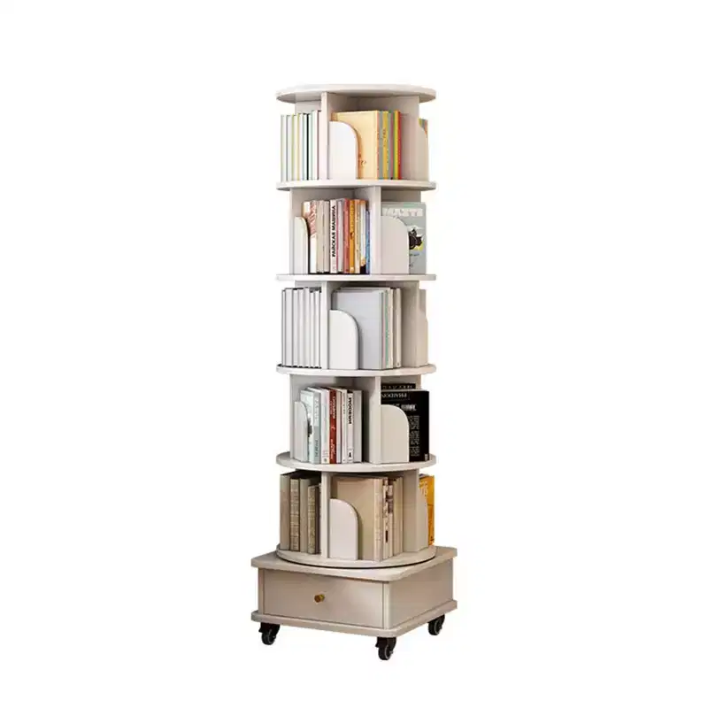 VIYET 68 6-Tier 360 Rotating Bookshelf, White Color MDF Tower w/ Wheels & Drawer (Space-Saving Storage for Home/Office)