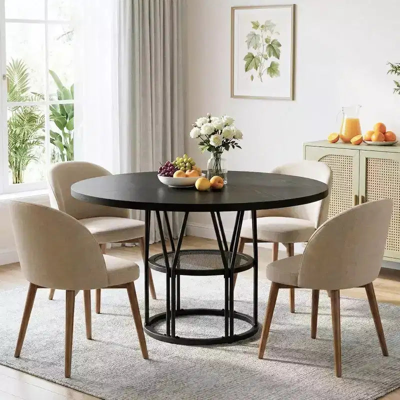 Round Dinning Table for 4-6, 47in Circle Kitchen Table with Storage Shelf & Sturdy Metal Frame, Modern Dinner Table for Kitchen, Living Room