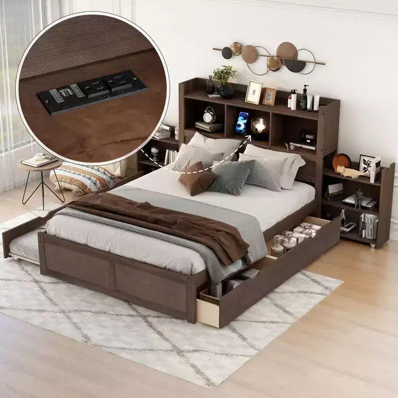 Full Storage Platform Bed with Trundle, Bookcase Headboard and Charging Station, Wooden Full Size Bed Frame with Shelves and Drawers